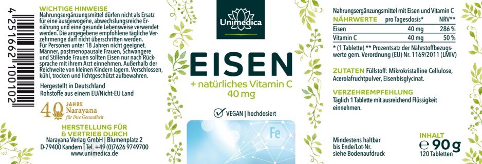 2er-Sparset : Eisen Bisglycinat - 40 mg Eisen und 40 mg Vitamin C pro Tagesdosis (1 Tablette) - hochdosiert - 2 x 120 Tabletten - von Unimedica