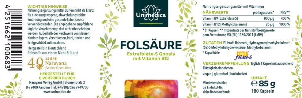 2er-Sparset: Folsäure mit Extrafolate S von Gnosis und Vitamin B12 - 800µg Folsäure und 25 µg Vitamin B12 - 2 x 180 Kapseln - von Unimedica
