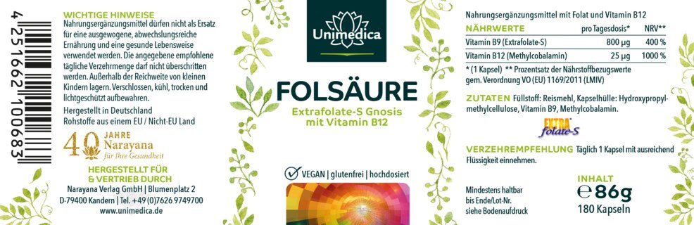 2er-Sparset: Folsäure mit Extrafolate S von Gnosis und Vitamin B12 - 800µg Folsäure und 25 µg Vitamin B12 - 2 x 180 Kapseln - von Unimedica