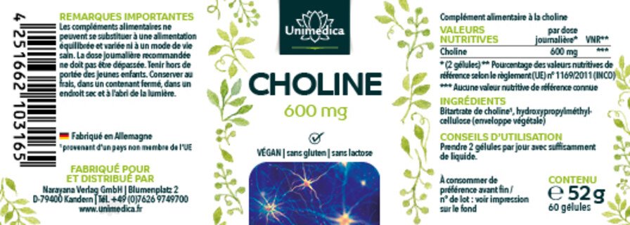 Choline - 600 mg - 60 gélules - par Unimedica