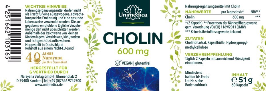 Cholin - 600 mg pro Tagesdosis - 60 Kapseln - von Unimedica