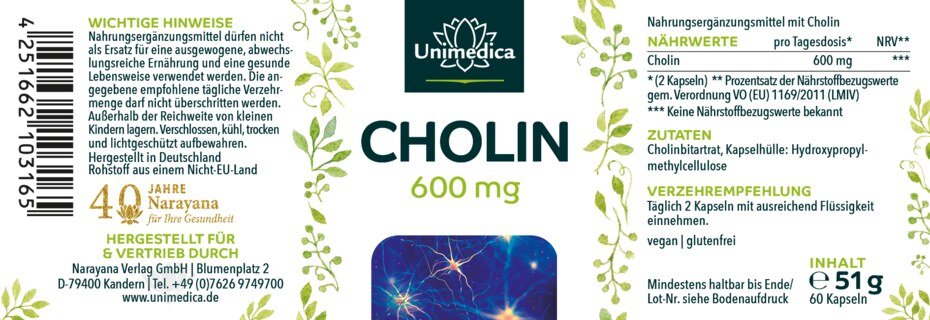 Cholin - 600 mg pro Tagesdosis (2 Kapseln) - 60 Kapseln - von Unimedica