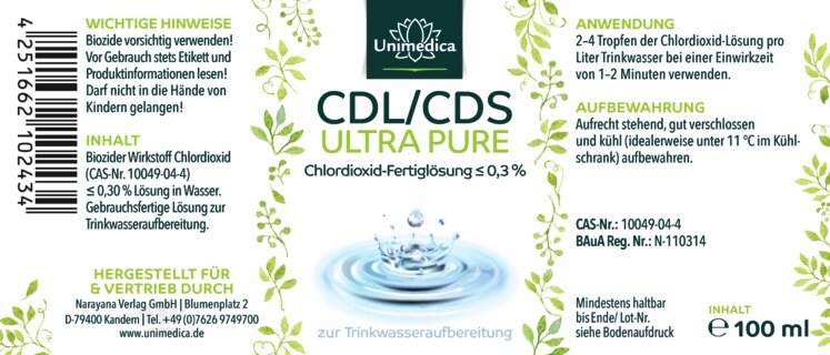 Lot de 2: Solution de dioxyde de chlore CDL/CDS - ULTRA PURE - ≤ 0,3 % prête à l'emploi - 2 x 100 ml  d'Unimedica