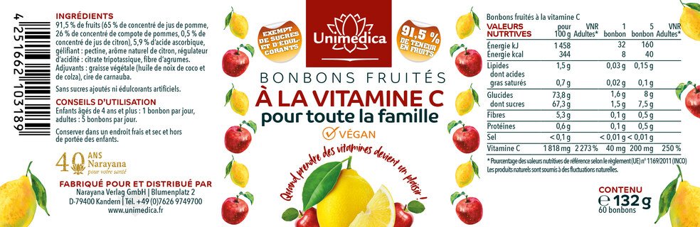 Bonbons fruités à la vitamine C pour toute la famille - 60 bonbons - par Unimedica