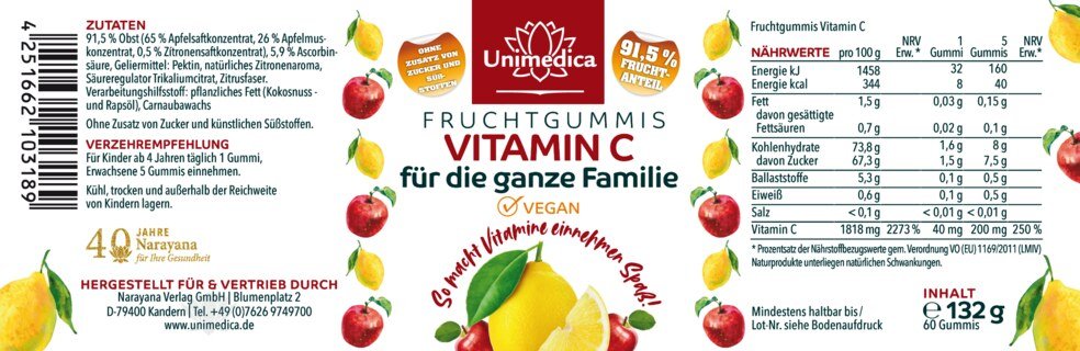 Vitamin C Fruchtgummis für die ganze Familie - mit 91,5 % Fruchtanteil - 60 Gummis - von Unimedica