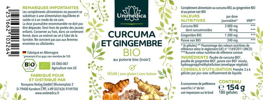Curcuma et gingembre BIO au poivre (noir) BIO - 180 gélules - par Unimedica