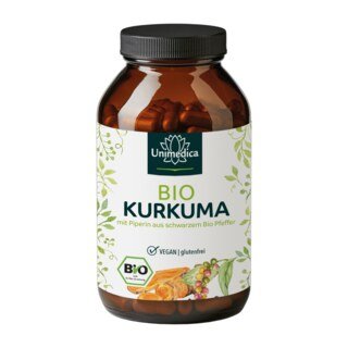 Bio Kurkuma mit schwarzem Bio Pfeffer - mit 225 mg Curcumin und 12 mg Piperin pro Tagesdosis (6 Kapseln) - 240 Kapseln - Unimedica/