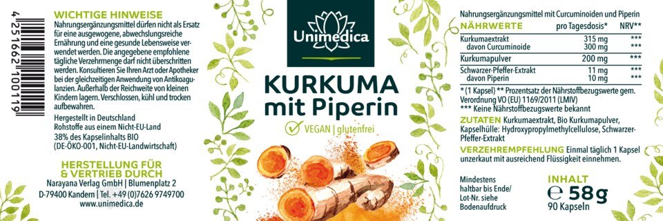 2er-Sparset: Kurkuma mit Piperin - 300 mg Curcuminoide und 10 mg Piperin - 2 x 90 Kapseln - von Unimedica