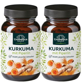 2er-Sparset: Kurkuma mit Piperin - 300 mg Curcuminoide und 10 mg Piperin pro Tagesdosis (1 Kapsel) - 2 x 90 Kapseln - von Unimedica/