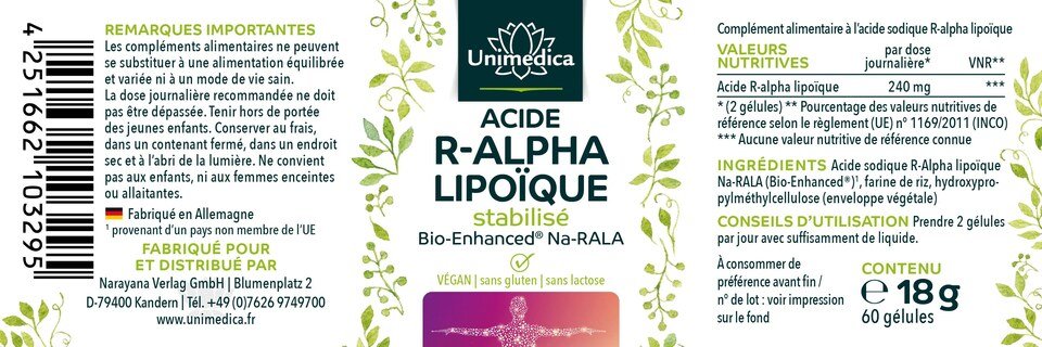 Acide sodique R-alpha lipoïque - Bio Enhanced® - 240 mg - 60 gélules - par Unimedica