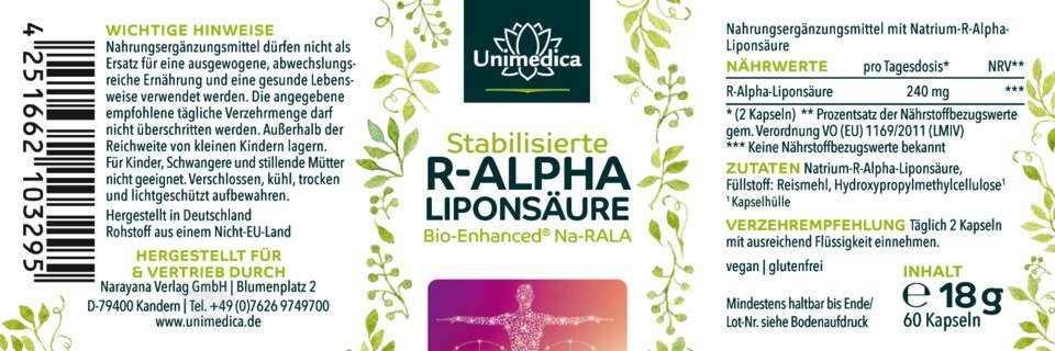 R-Alpha-Liponsäure Sodium - Bio Enhanced®  - 240 mg pro Tagesdosis (2 Kapseln)  - 60 Kapseln - von Unimedica