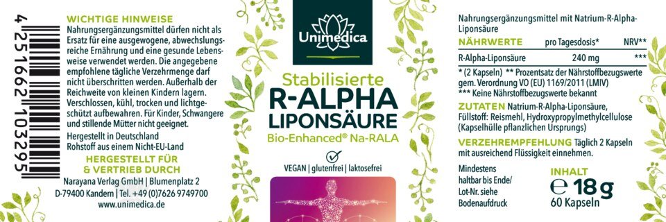 R-Alpha-Liponsäure Sodium - Bio Enhanced®  - 240 mg pro Tagesdosis (2 Kapseln)  - 60 Kapseln - von Unimedica