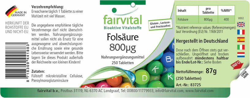 Folsäure 800µg - 250 Tabletten