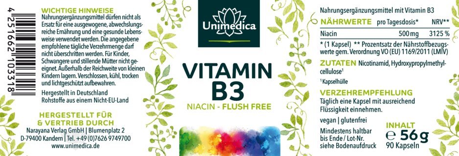 Vitamin B3 Niacin "Flush Free" - 500 mg pro Tagesdosis (1 Kapsel) - 90 Kapseln - von Unimedica