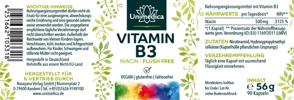 Vitamin B3 Niacin "Flush Free" - 500 mg pro Tagesdosis (1 Kapsel) - 90 Kapseln - von Unimedica