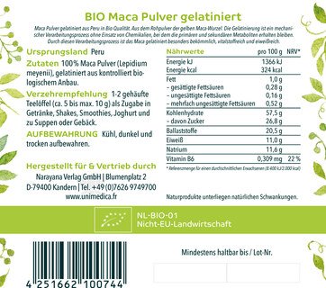 Bio Maca Pulver - gelatiniert - 300 g - von Unimedica - Sonderangebot kurze Haltbarkeit
