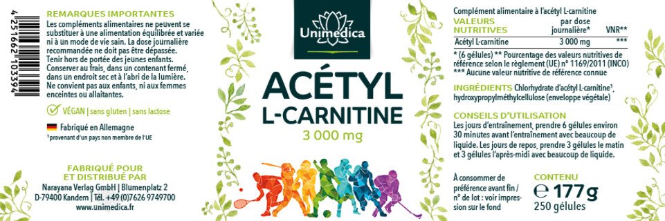 Acétyl L-carnitine  3 000 mg - 250 gélules - par Unimedica