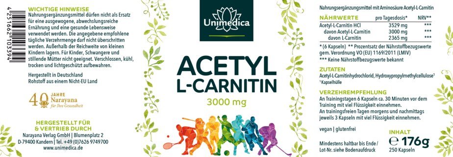 Acetyl L-Carnitin - 3000 mg pro Tagesdosis (6 Kapseln) - 250 Kapseln - von Unimedica