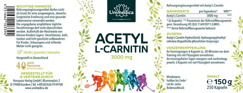 Acetyl L-Carnitin - 3000 mg pro Tagesdosis (6 Kapseln) - 250 Kapseln - von Unimedica