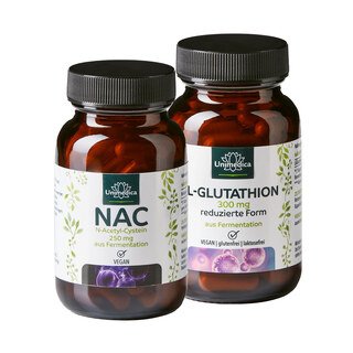 2er-Sparset: Glutathion - reduziertes L-Glutathion aus natürlicher Fermentation - 300 mg pro Tagesdosis (1 Kapsel) - 60 Kapseln & NAC - 250 mg pro Tagesdosis (1 Kapsel) - N-Acetyl-Cystein aus natürlicher Fermentation - 90 Kapseln/