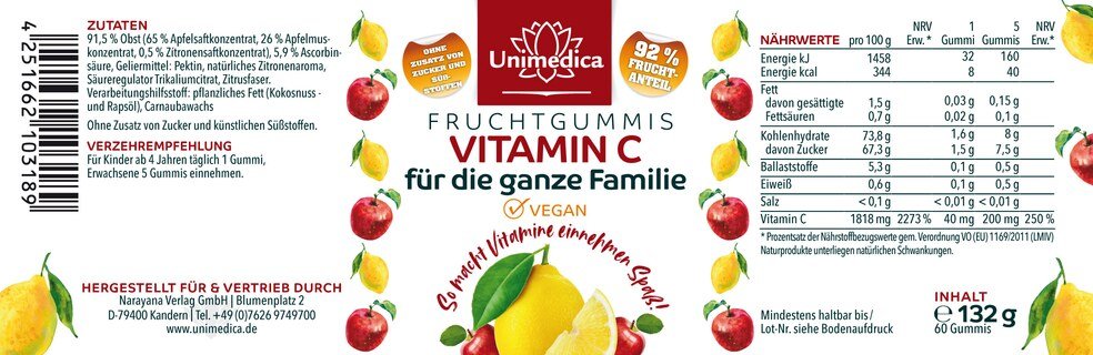 Lot de 2: Gommes aux fruits à la vitamine C pour toute la famille - 2 x 60 gommes - par Unimedica