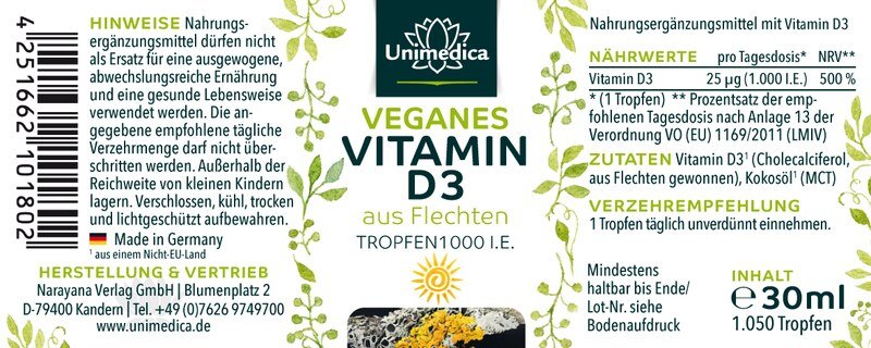 Set 2x Vitamine D3 vegan issue du lichen  1 000 U.I./25µg - 30 ml - Unimedica