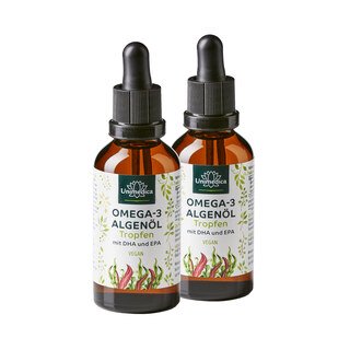 2er-Sparset: Vegane Omega 3 Algenöl Tropfen mit DHA, EPA und DPA - 2 x 50 ml - von Unimedica