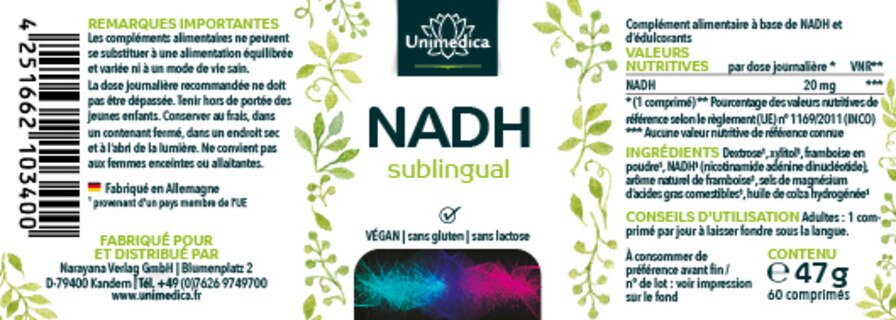 NADH sublingual - 20 mg - 60 comprimés - par Unimedica