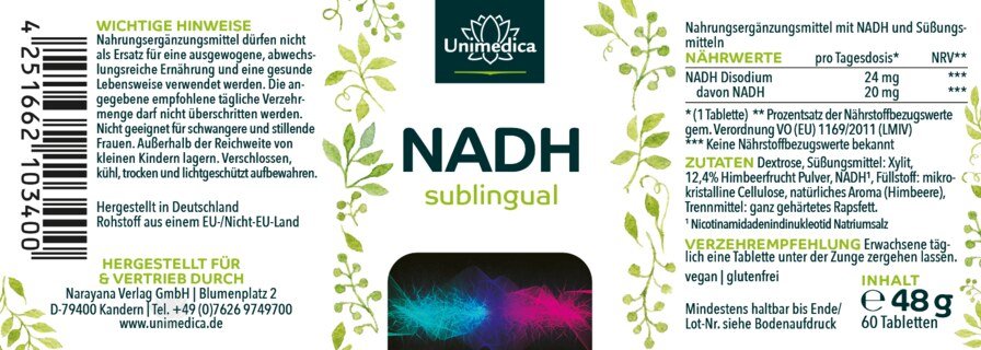 NADH sublingual - 20 mg pro Tagesdosis (1 Tablette) - 60 Tabletten - von Unimedica