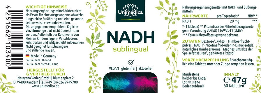 NADH sublingual - 20 mg pro Tagesdosis (1 Tablette) - 60 Tabletten - von Unimedica