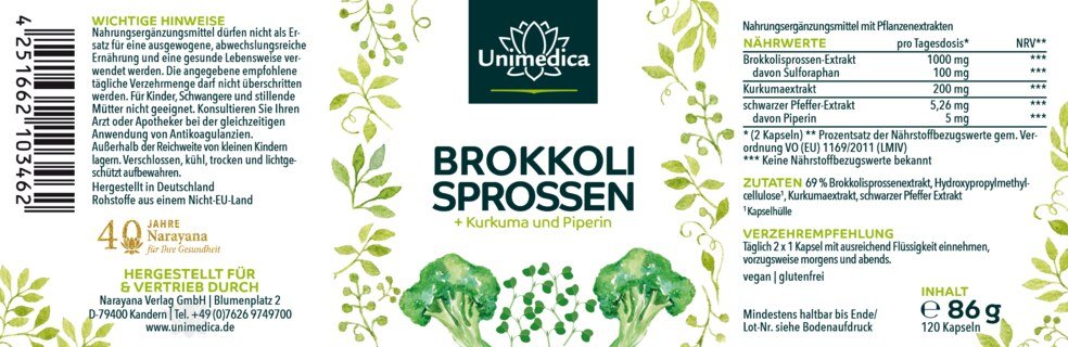 Brokkoli Sprossen Extrakt - 100 mg Sulforaphan pro Tagesdosis (2 Kapseln) - 120 Kapseln - von Unimedica