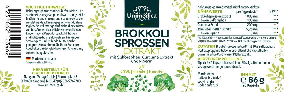 Brokkoli Sprossen Extrakt - 100 mg Sulforaphan pro Tagesdosis (2 Kapseln) - 120 Kapseln - von Unimedica