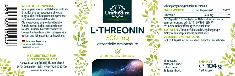 L-Threonin - 500 mg - 120 Kapseln - von Unimedica