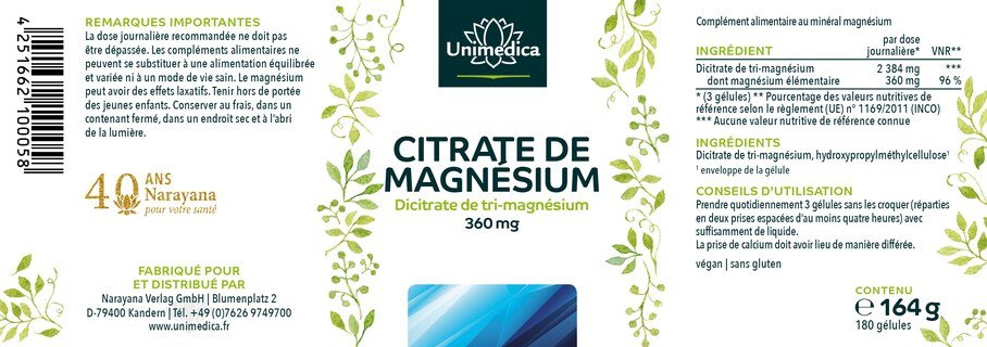 Lot de 2: Magnésium 750 mg - 2 x 180 gélules - Unimedica