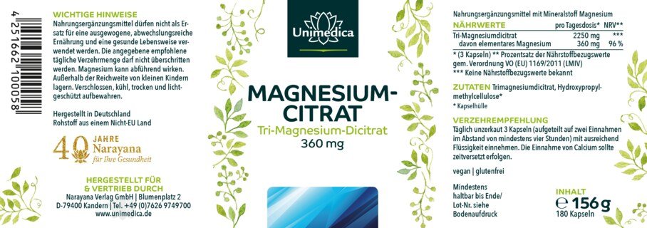 2er-Sparset: Tri-Magnesium Dicitrat - 360 mg elementares Magnesium pro Tagesdosis - 2 x 180 Kapseln - von Unimedica