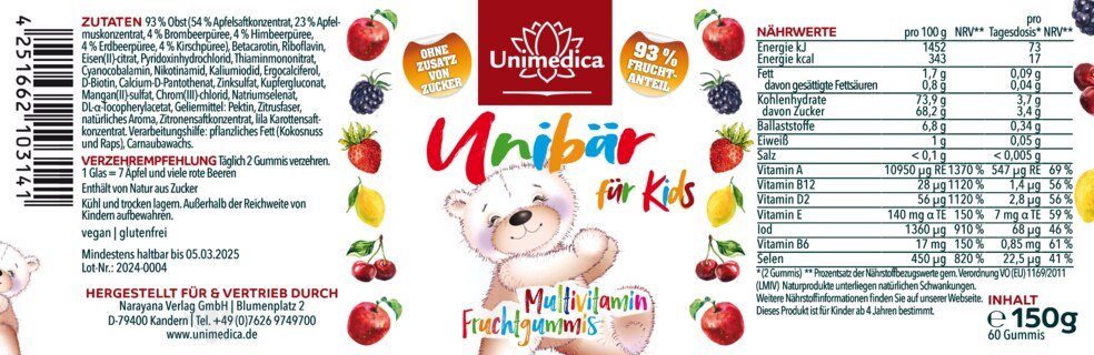 Lot de 2: Unibär pour enfants - multivitamines  bonbons fruités - 2 x 60 bonbons - par Unimedica