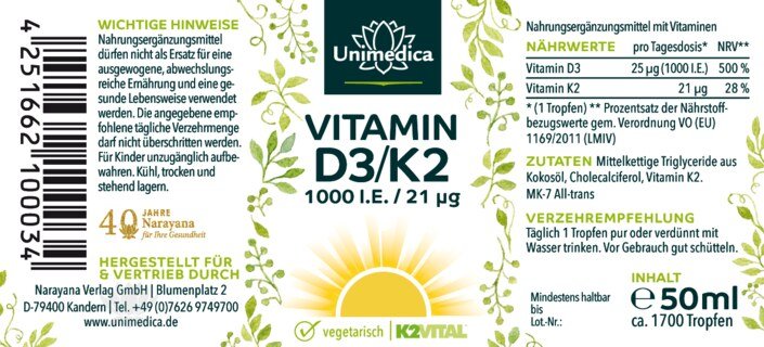 2er-Sparset: Vitamin D3 / K2 MK7 All-trans - K2VITAL® - D3 1000 I.E. 25 µg / K2 21 µg pro Tagesdosis (1 Tropfen) - 2 x 50 ml - von Unimedica