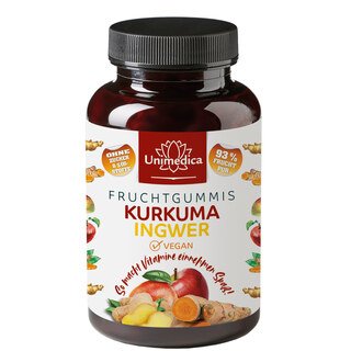 Kurkuma-Ingwer Fruchtgummis - mit Zink - 60 Gummis - von Unimedica - Sonderangebot kurze Haltbarkeit/