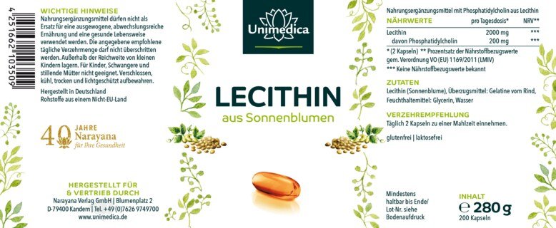 Lecithin - aus Sonnenblumen - 2000 mg pro Tagesdosis (2 Kapseln) - 200 Softgelkapseln - von Unimedica