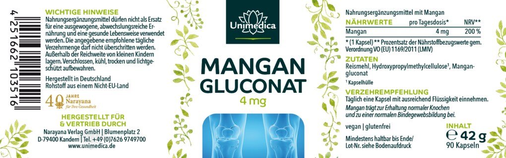 Mangan - 4 mg Mangangluconat pro Tagesdosis (1 Kapsel) - 90 Kapseln - von Unimedica