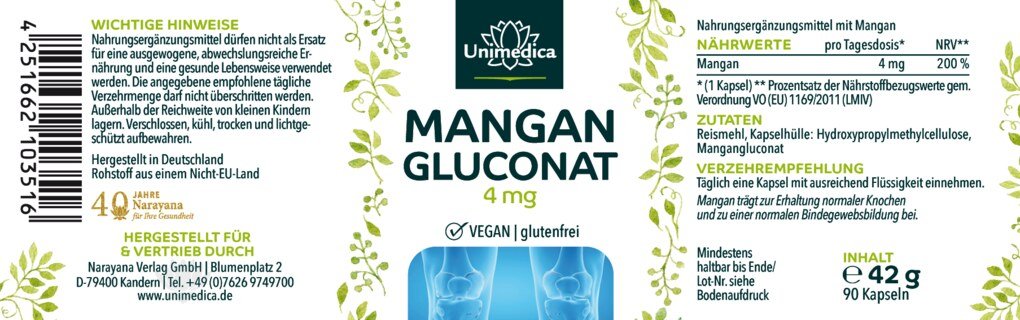 Manganèse  gluconate de manganèse 4 mg - 90 gélules - par Unimedica