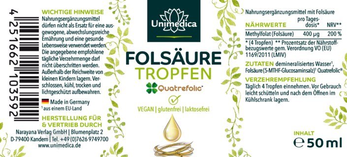 Folsäure Tropfen Quatrefolic® - 400 µg pro Tagesdosis (4 Tropfen) - 50 ml von Unimedica