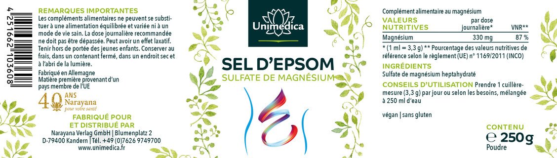 Sel d'Epsom - Sulfate de magnésium 330 mg - 250 g - par Unimedica