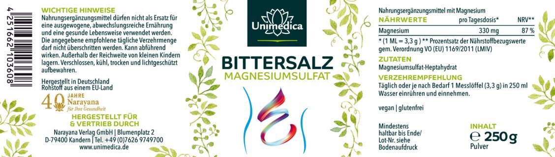 Bittersalz Magnesiumsulfat - 330 mg reines Magnesium pro Tagesdosis (1 Messlöffel) - 250 g Pulver - von Unimedica