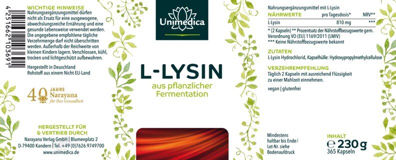 L-Lysin - 810 mg L-Lysin pro Tagesdosis (2 Kapseln) - 365 Kapseln - von Unimedica