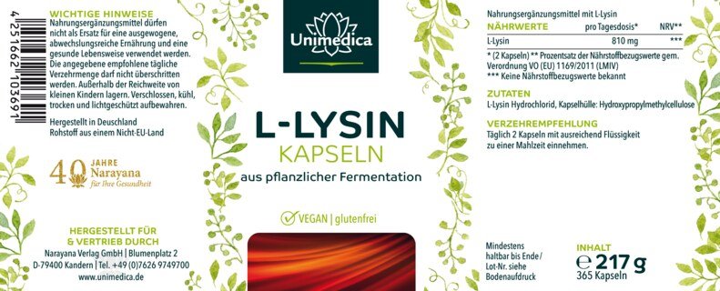 L-Lysin - 1000 mg pro Tagesdosis - 365 Kapseln - von Unimedica