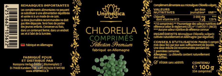 Chlorella Sélection Premium - comprimés - 100 g  origine Allemagne - par Unimedica