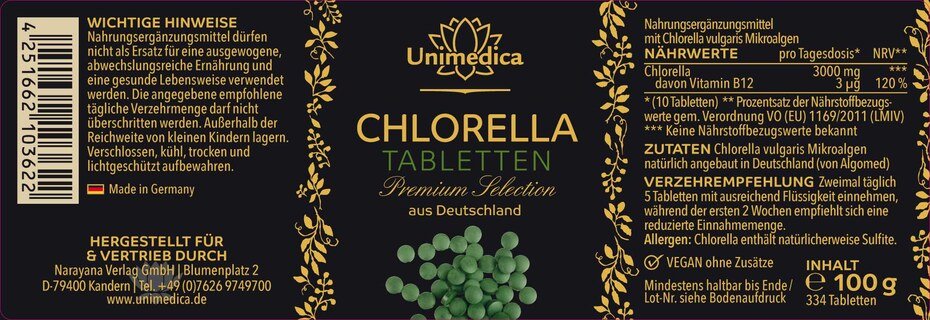 Chlorella Premium Selection - 3000 mg pro Tagesdosis (10 Tabletten) - kultiviert in Deutschland - sprühgetrocknet - 334 Tabletten - von Unimedica