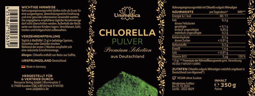 Chlorella en poudre Sélection Premium - 350 g - cultivée en Allemagne - par Unimedica