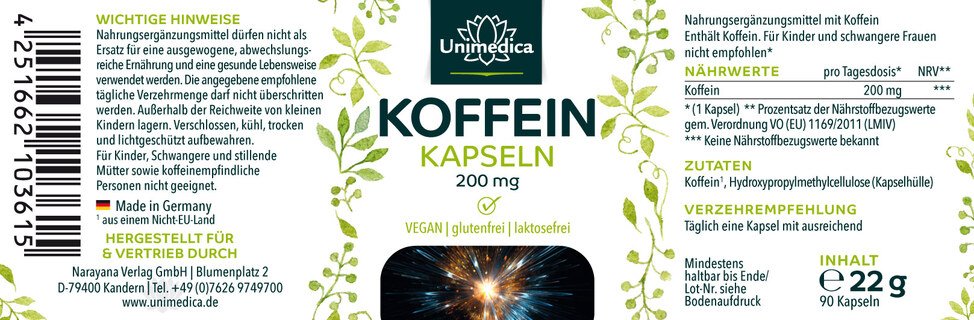 Koffein - 200 mg - 90 Kapseln - von Unimedica